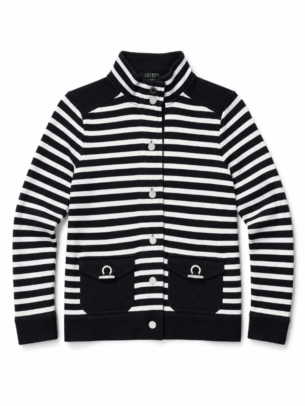 Lauren Ralph Lauren 100% cotton cardigan/sweater stripes M funnel neck preppy